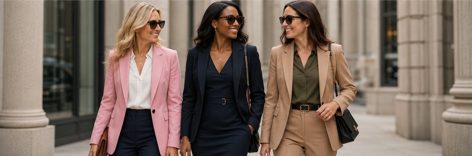 Three well-dressed women walking together