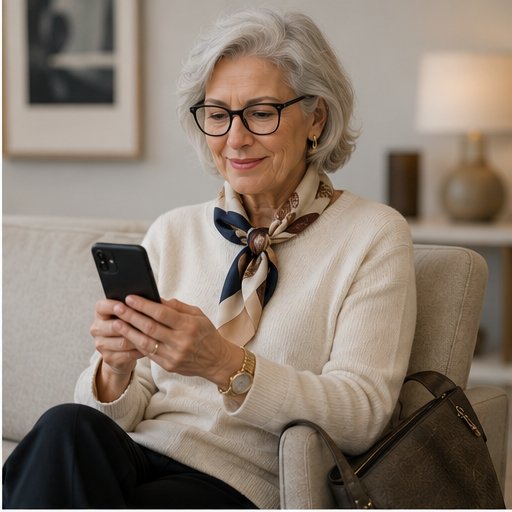 A gray-haired woman planning her looks on her phone