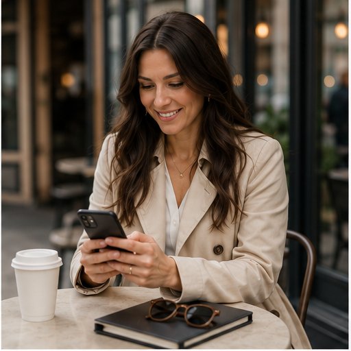 A woman saving an online find on her phone at a cafe